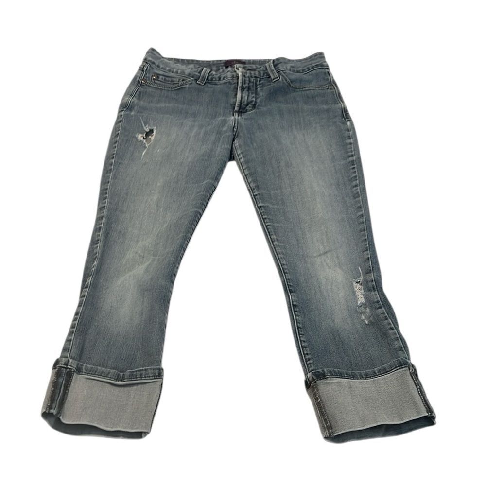NYDJ size 6P distressed blue ankle cropped boyfriend jeans with wide cuffs EUC